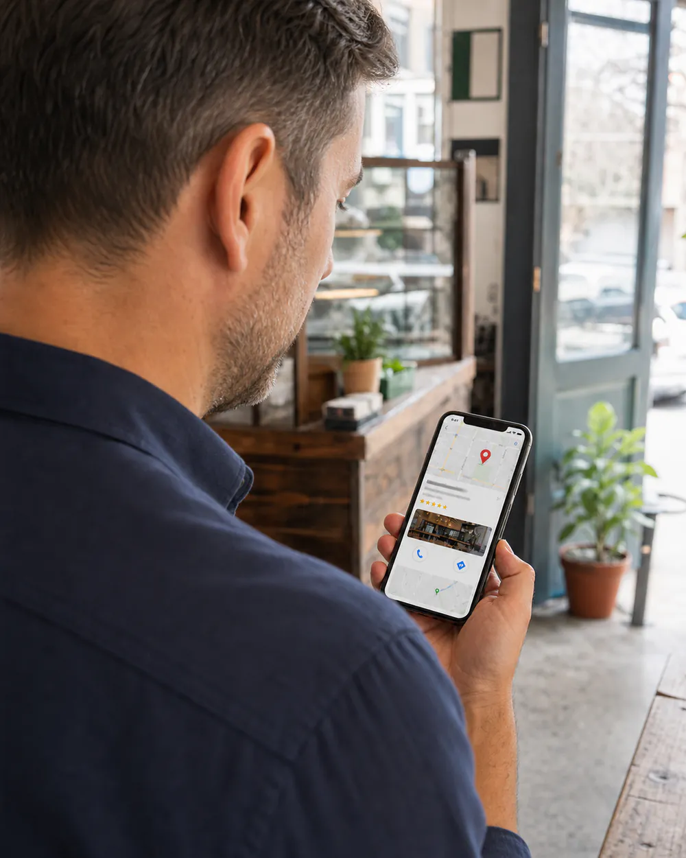 Small-business owner reviewing a local business listing on a phone