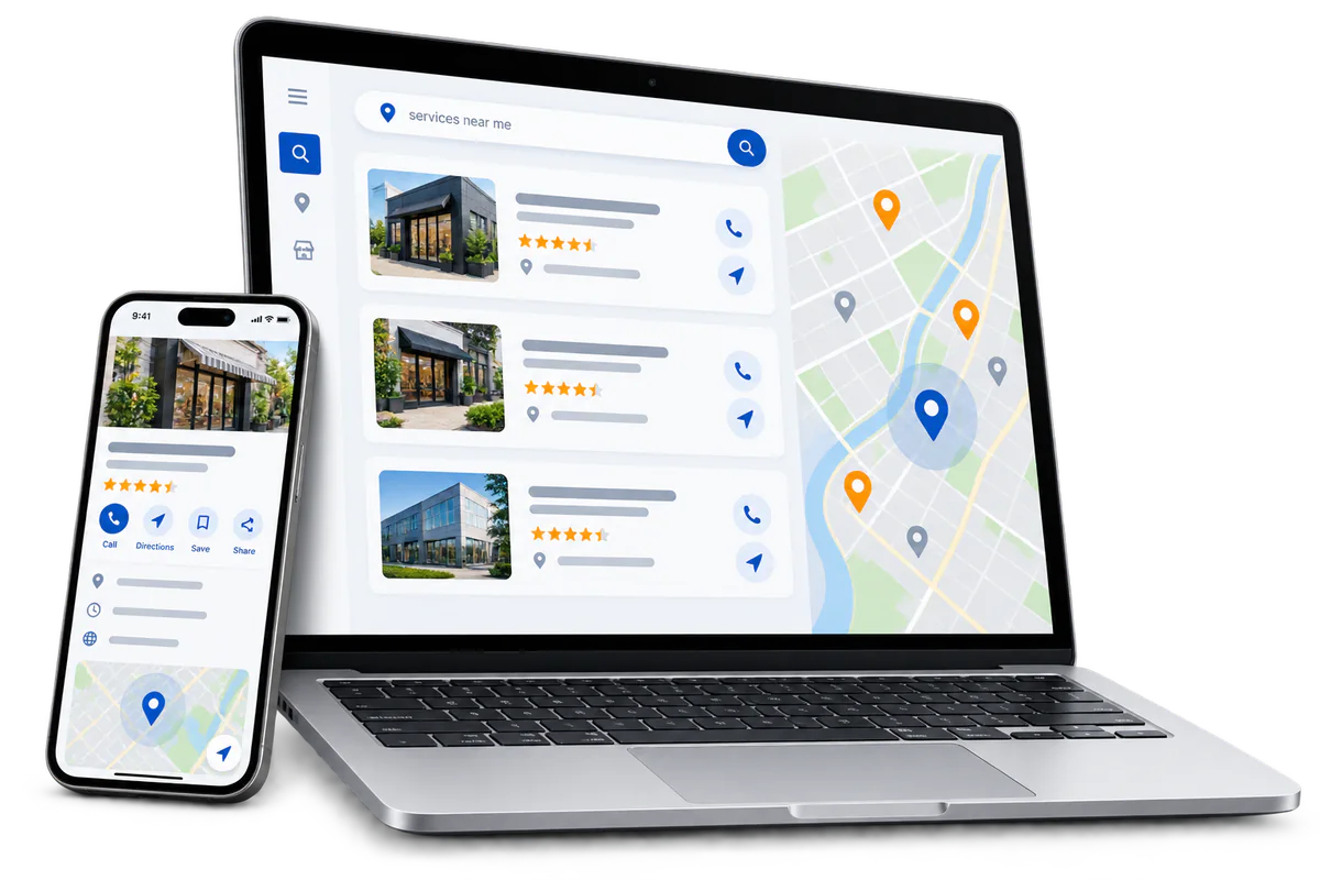 Laptop and phone showing local search results and map listings