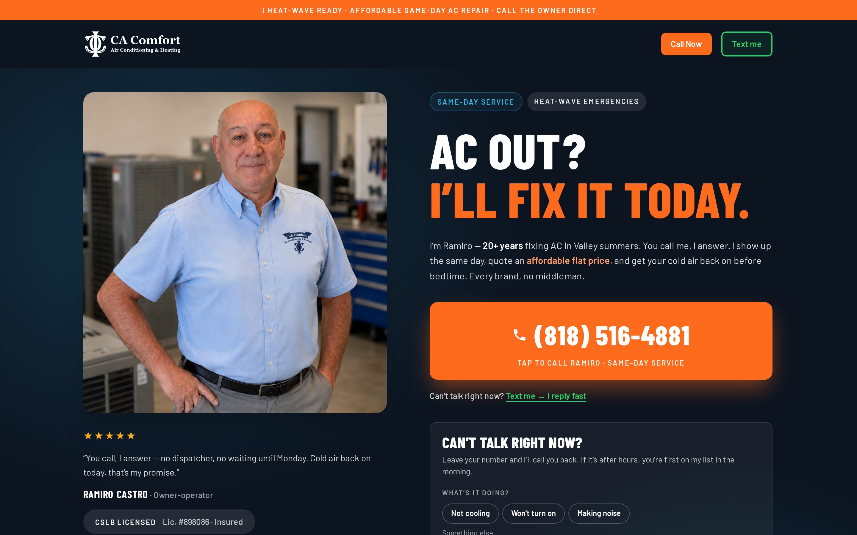 Homepage of the CA Comfort Air website on desktop