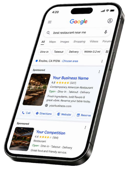 Google Ads mobile search results mockup showing sponsored restaurant listings