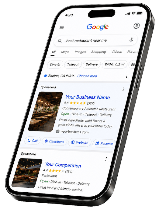Google Ads mobile search results mockup showing sponsored restaurant listings