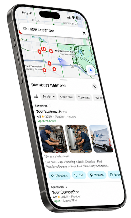 Google Maps mobile search results mockup showing local plumber listings