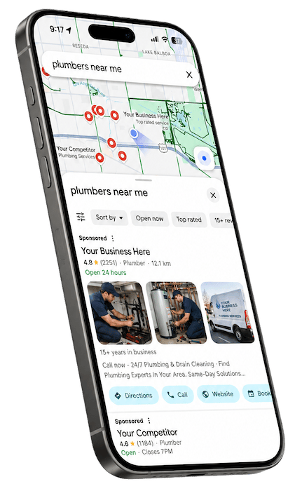 Google Maps mobile search results mockup showing local plumber listings