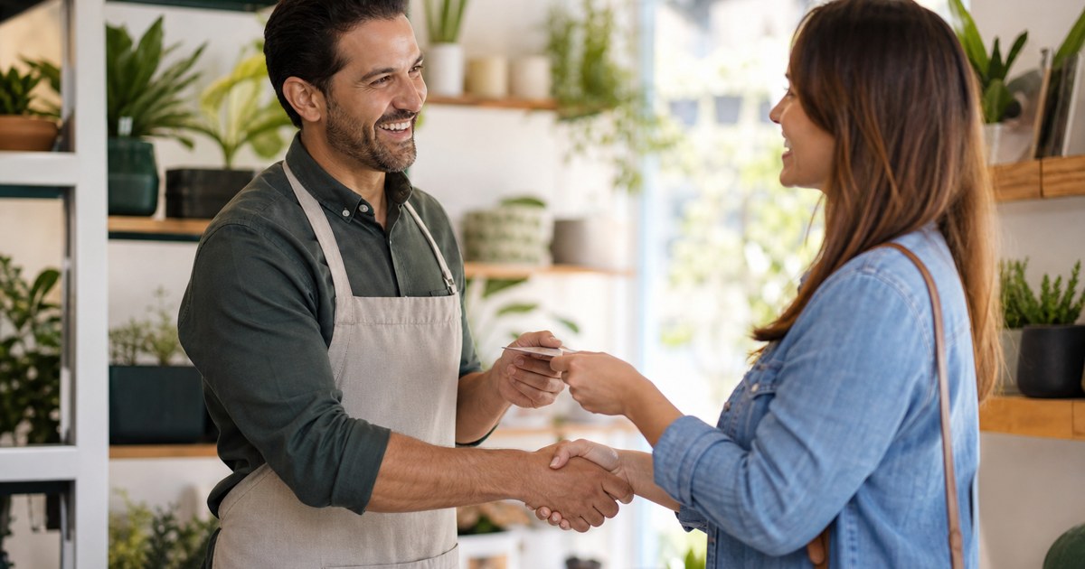 Local shop owner handing a referral card to a happy customer and shaking hands