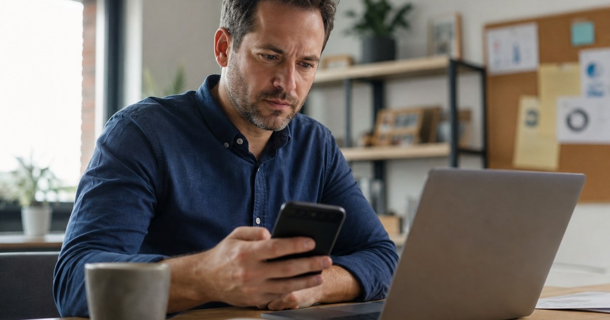 Local business owner reviewing Facebook ad results on a phone and laptop