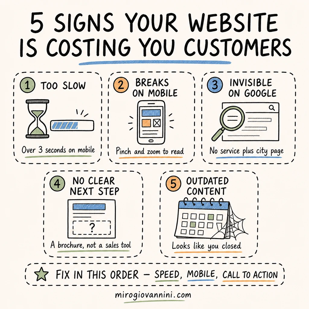 Five signs your website is costing you customers: slow load times, poor mobile experience, invisible in search, no clear call to action, and outdated content