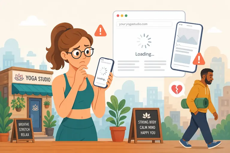 Slow-loading website with a broken mobile layout and a customer walking away