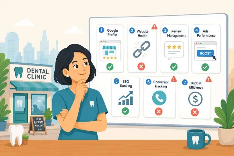 Business owner reviewing a board of seven marketing mistakes marked with X and check icons