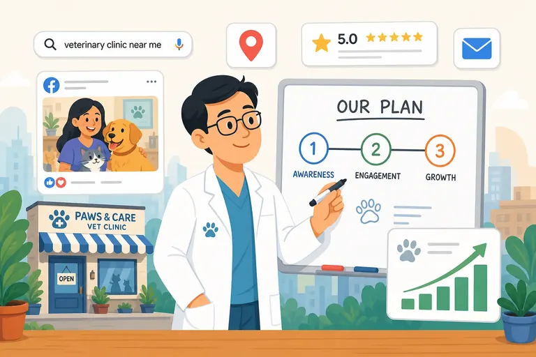 Business owner mapping a local marketing strategy with search, social, maps and review icons