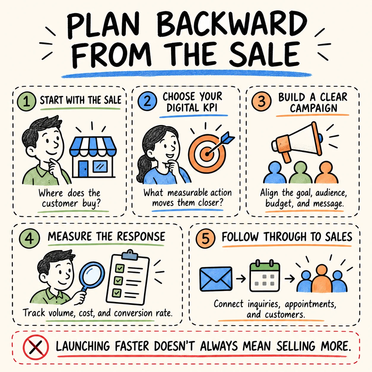Five steps for planning backward from a sale: identify the sale, choose a digital KPI, build the campaign, measure responses, and follow outcomes through to customers.