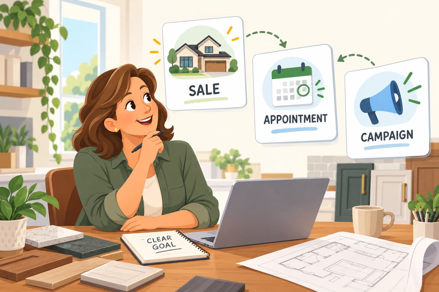 A remodeling business owner plans an advertising campaign by considering the sale, the appointment, and a clear campaign goal.