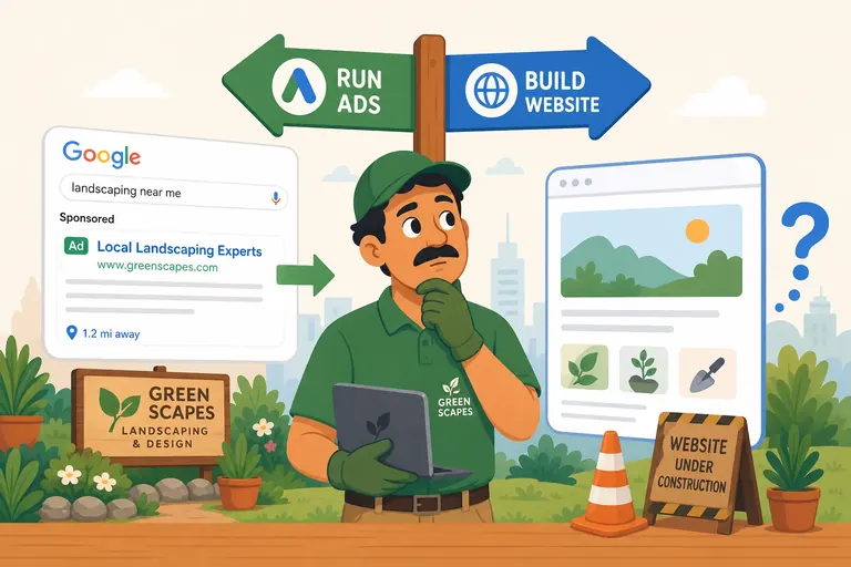 Signpost pointing to a website icon and an ad icon while a business owner holds a laptop