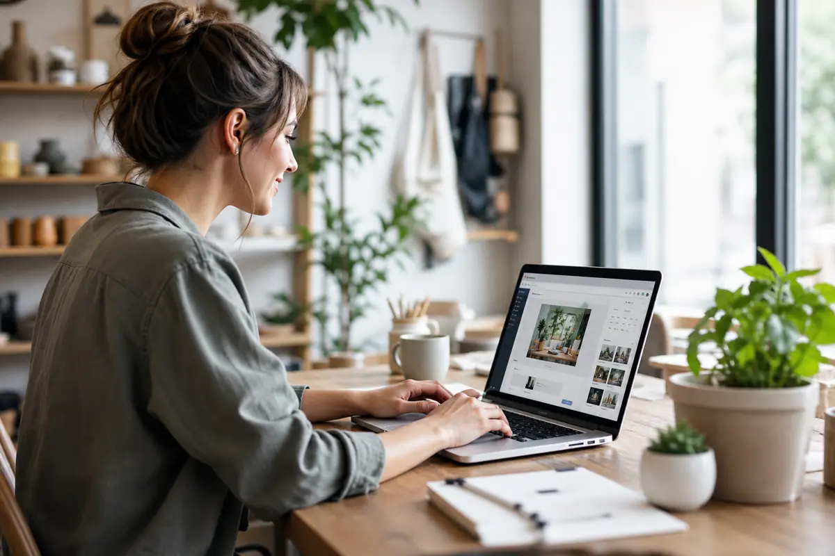 Local business owner working at a desk with a laptop and a second monitor showing a search engine page