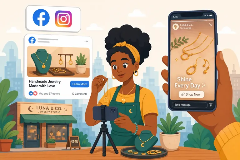 Facebook and Instagram ads for a local business shown on a phone while the owner photographs a product