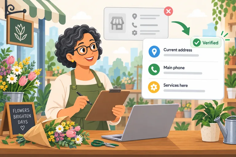 A flower shop owner verifies the current address, main phone number, and services for her business listing.