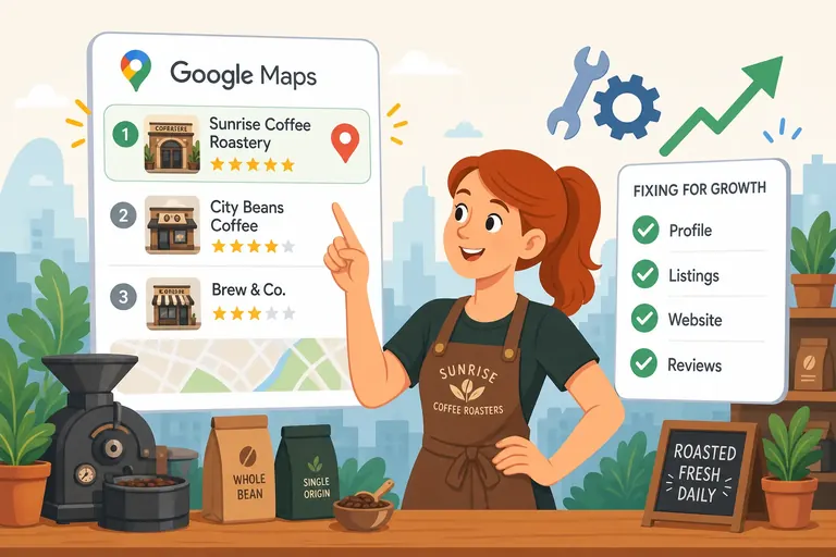 Local business owner reviewing her Google Maps local pack ranking and a local SEO repair checklist
