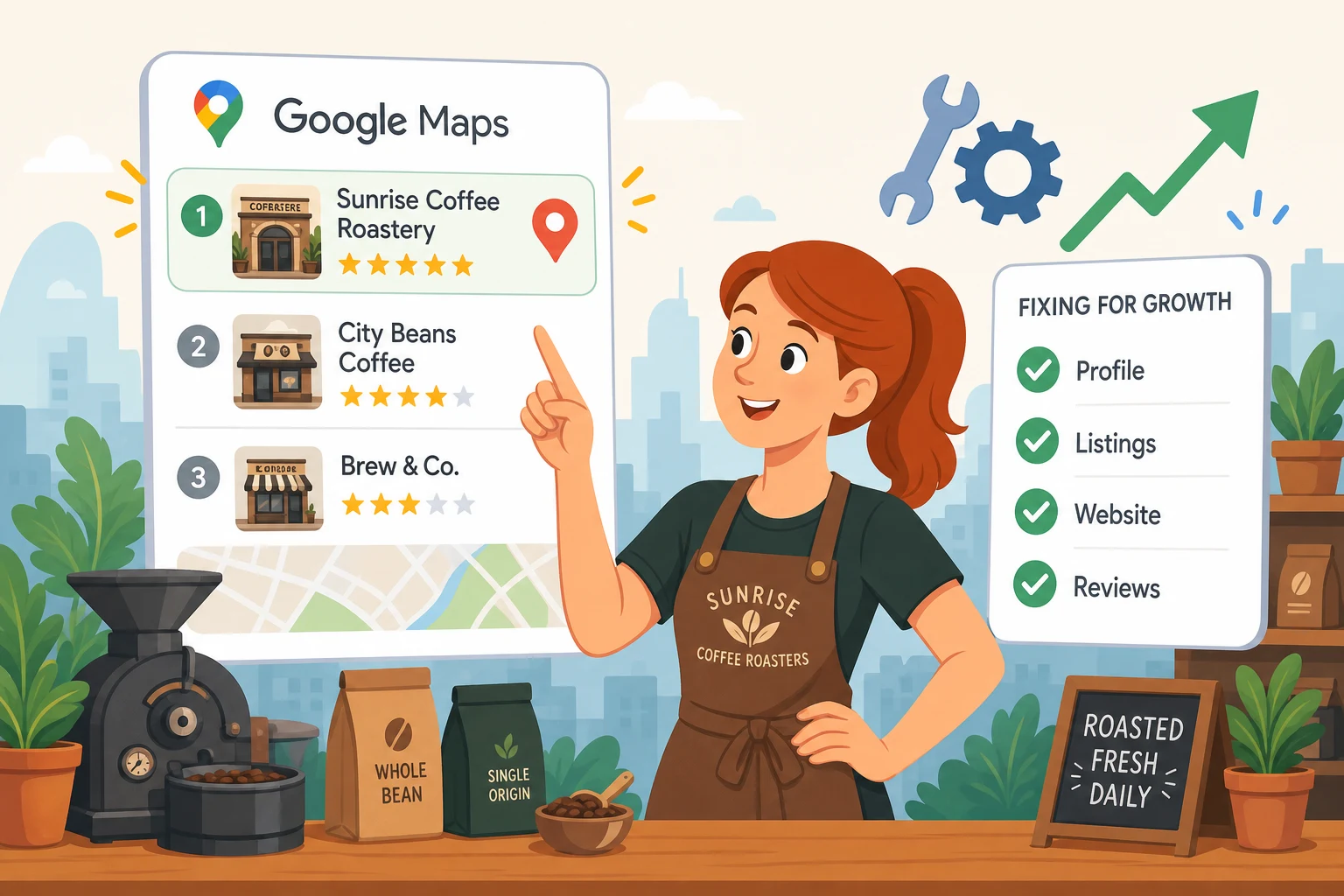 Local business owner reviewing her Google Maps local pack ranking and a local SEO repair checklist