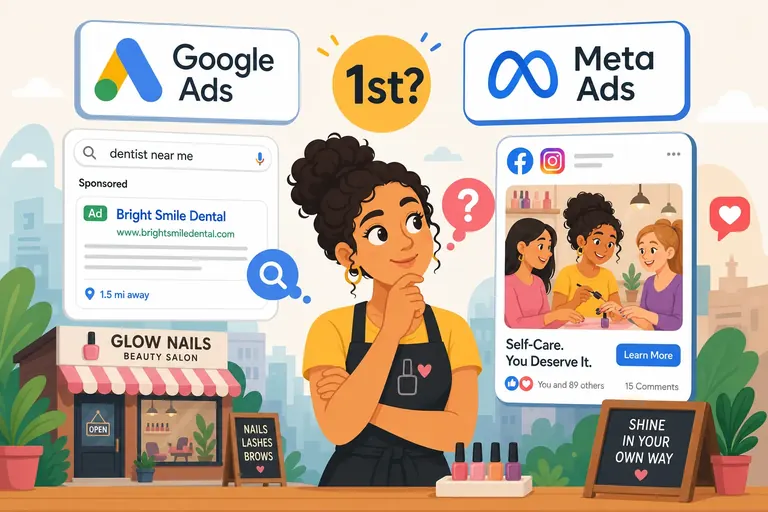 Business owner deciding between a Google search ad and a Facebook and Instagram feed ad