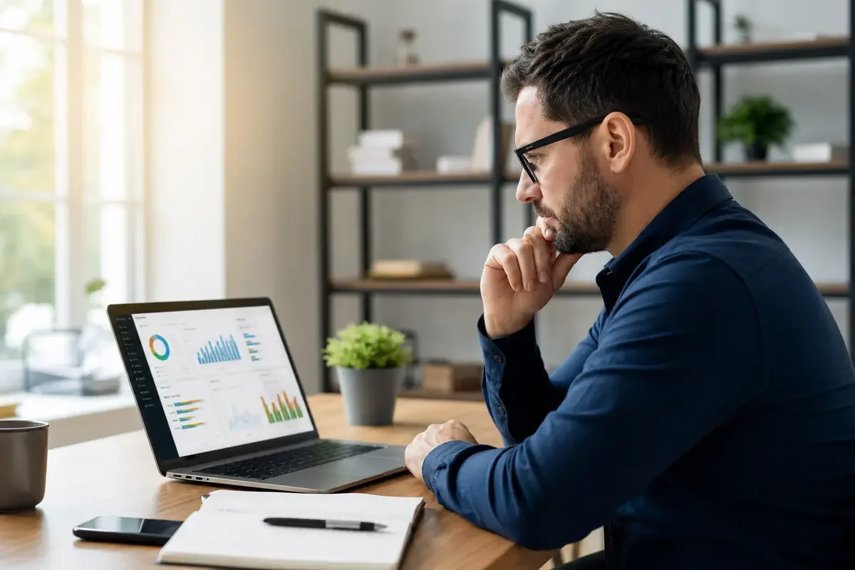 Business owner reviewing ad platform dashboards on laptop