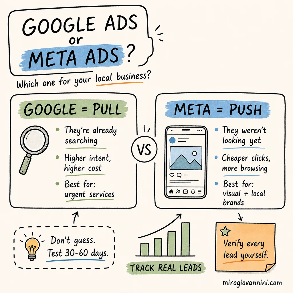 Google Ads vs Meta Ads for local business: Google is pull (they are already searching, higher intent, higher cost, best for urgent services) and Meta is push (they were not looking yet, cheaper clicks, best for visual and local brands), plus test for 30 to 60 days and verify every lead