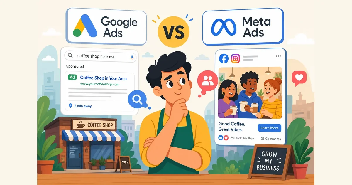 Local business owner deciding between Google Ads and Meta Ads