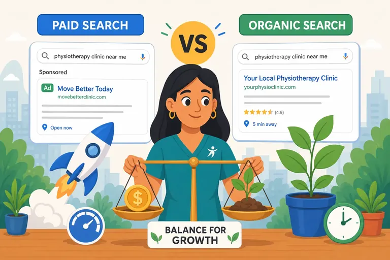 Balance scale weighing a paid search ad against organic SEO growth