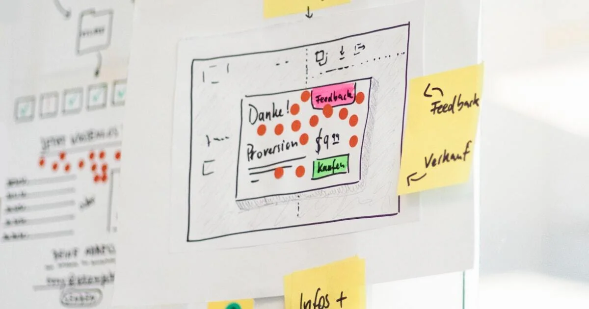 Marketing strategy planning session with wireframes and notes