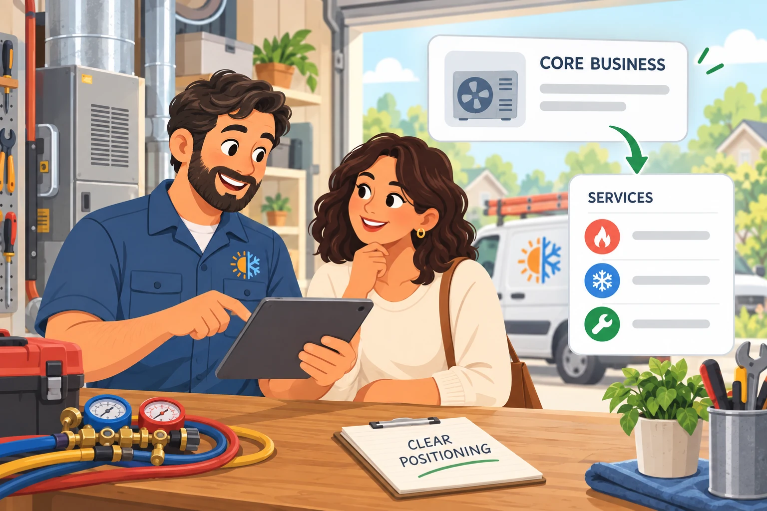 A local HVAC business owner connects a clear core business description with the services shown on a business profile.