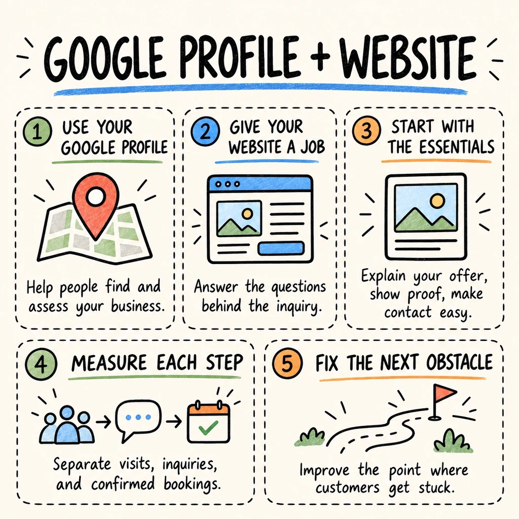 Five priorities for combining a Google Business Profile with a website: discovery, useful website content, essential information, measurement, and removing obstacles to customer action.