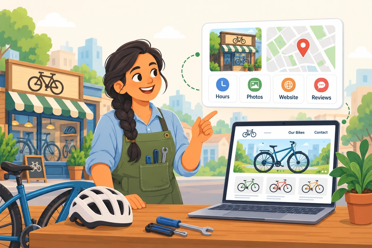 A local bicycle shop owner using a Google Business Profile and a website to help customers find the shop, explore its bikes, and get in touch.