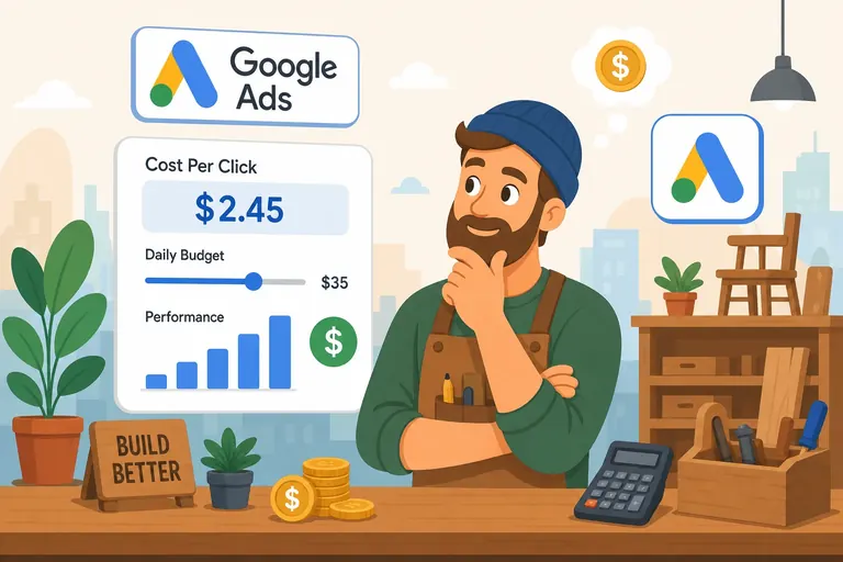 Cost-per-click price tag, budget slider and bar chart showing Google Ads costs for a small business