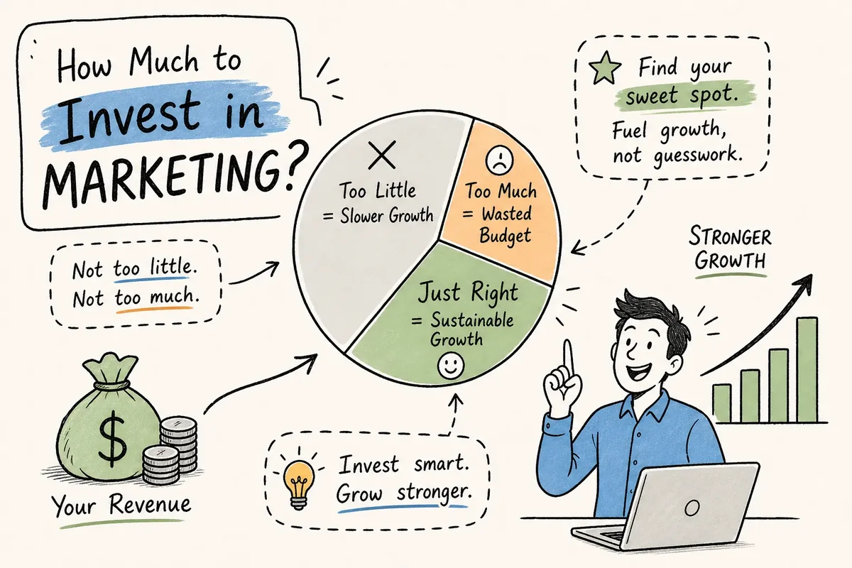 Infographic showing how much of your revenue should go to marketing, with a pie chart illustrating too little, too much, and just right budget allocation