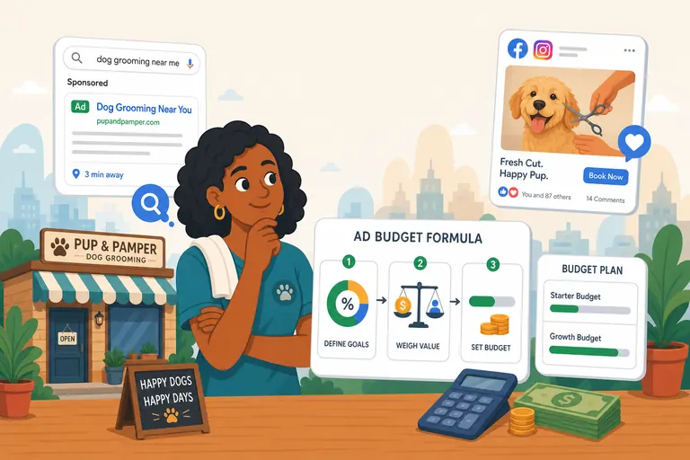 Flat vector illustration of a dog grooming salon owner reviewing a three-step ad budget formula card with a starter and growth budget plan