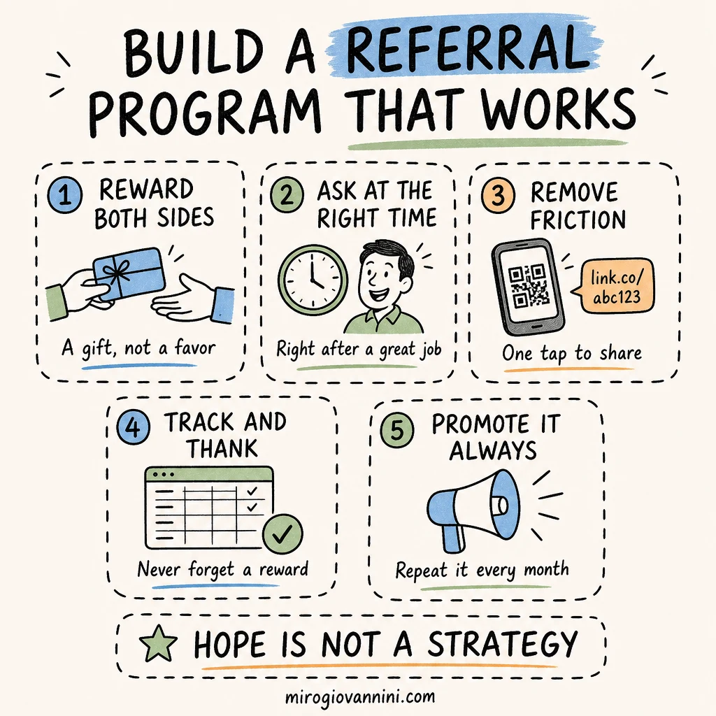 Infographic showing how to build a customer referral program: pick a two-sided reward, ask at the right moment, remove friction, track and thank referrers, and promote it consistently