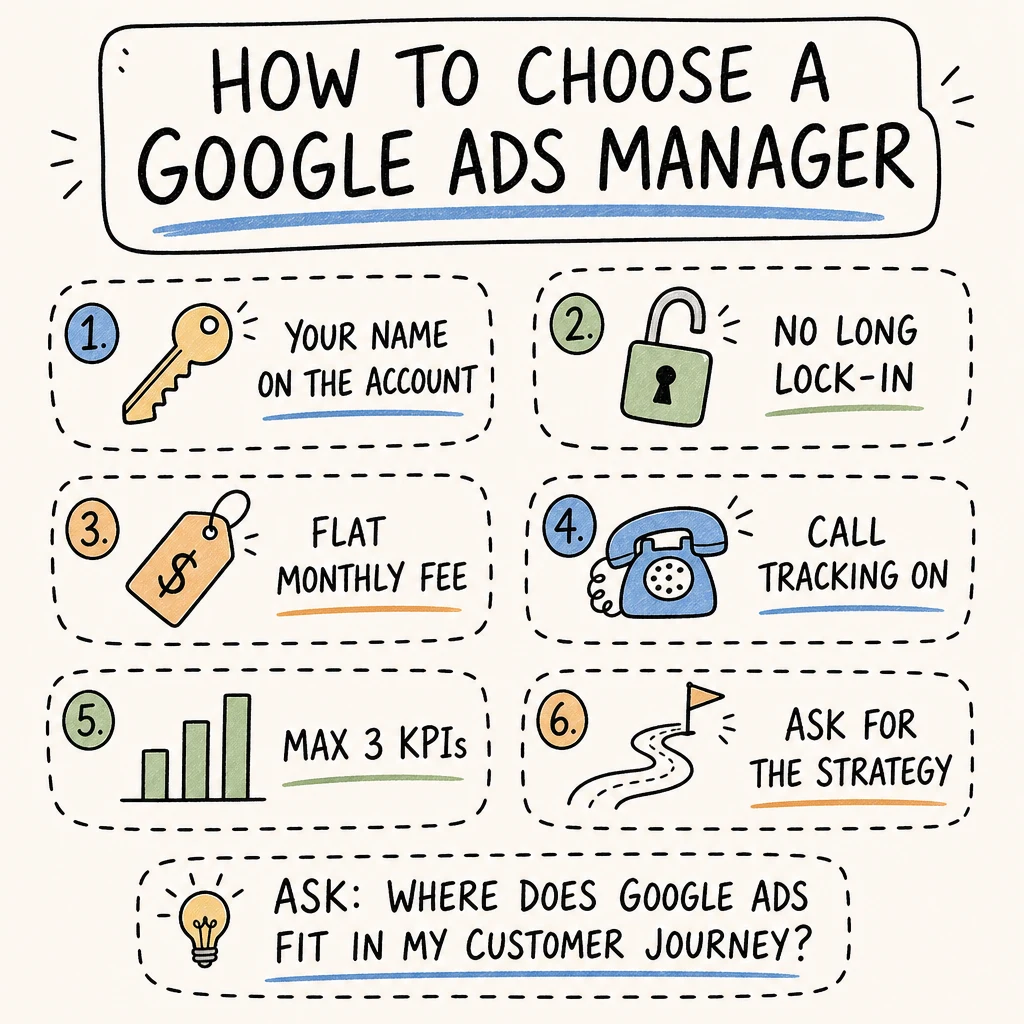 Checklist infographic: how to choose a Google Ads manager - your name on the account, no long lock-in, flat monthly fee, call tracking, max 3 KPIs, ask for the strategy