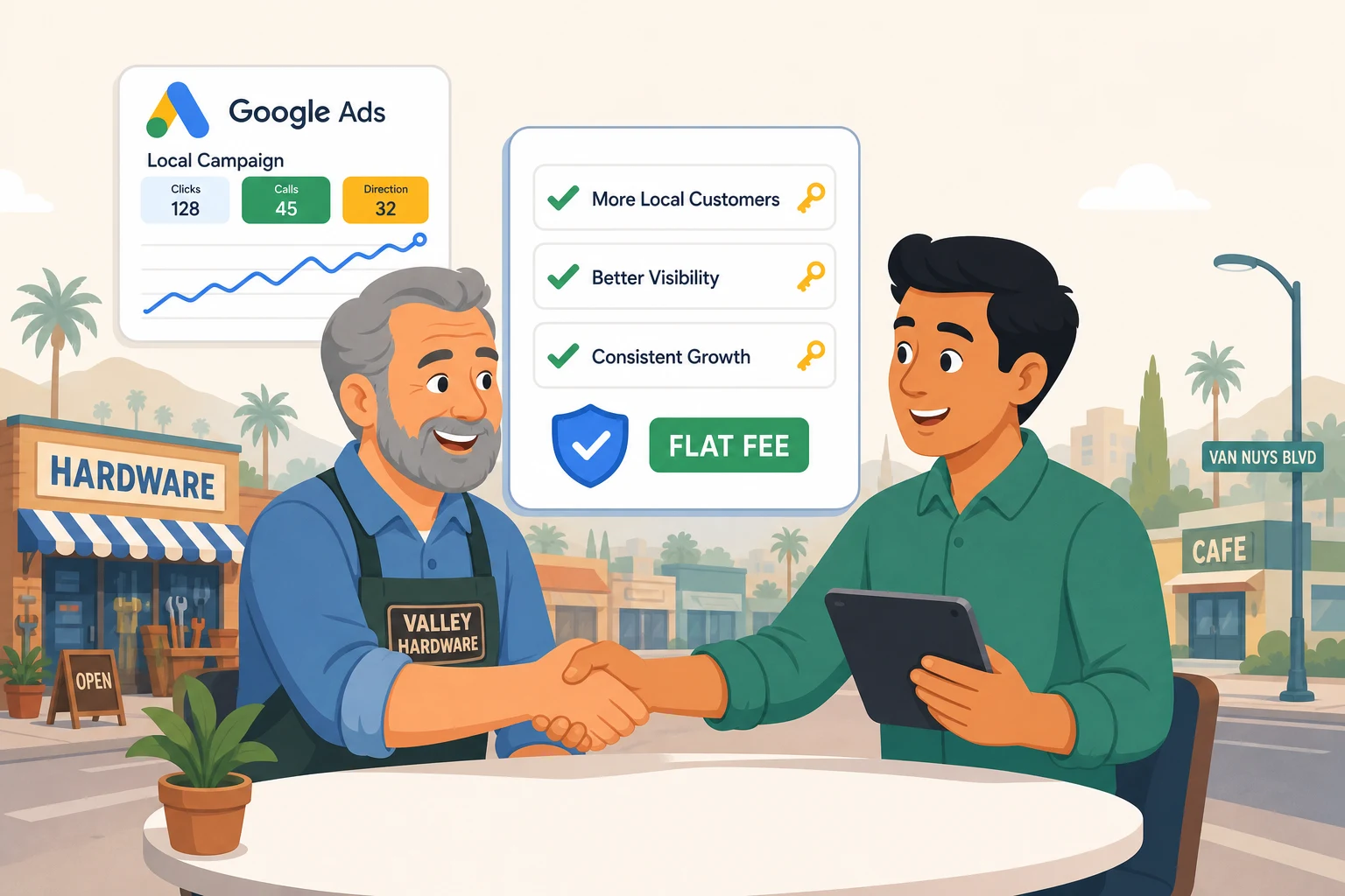 A local hardware store owner shaking hands with a marketing consultant in the San Fernando Valley, next to a Google Ads performance card