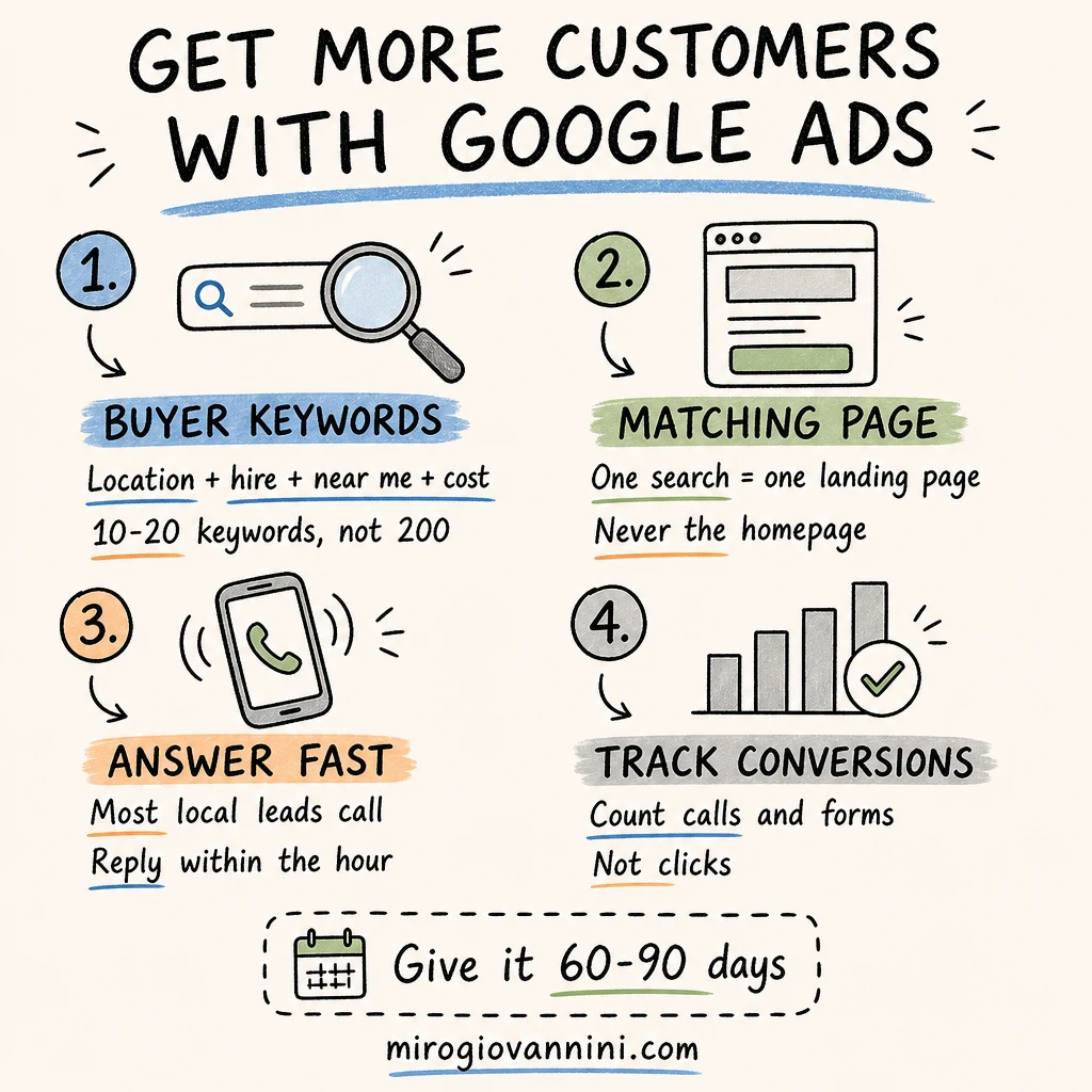 Infographic on getting more customers with Google Ads: buyer keywords, a matching landing page, answering leads fast, and tracking conversions