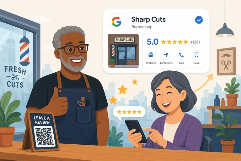 Customer leaving a five-star Google review on a phone with a QR code card on the counter