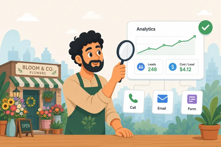 Business owner using a magnifying glass on a marketing dashboard with leads and cost per lead