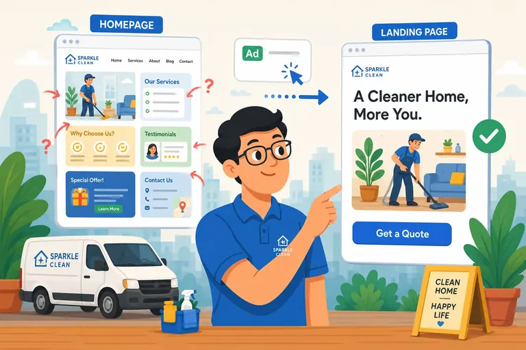 Comparison of a cluttered homepage and a focused landing page with a single call-to-action button
