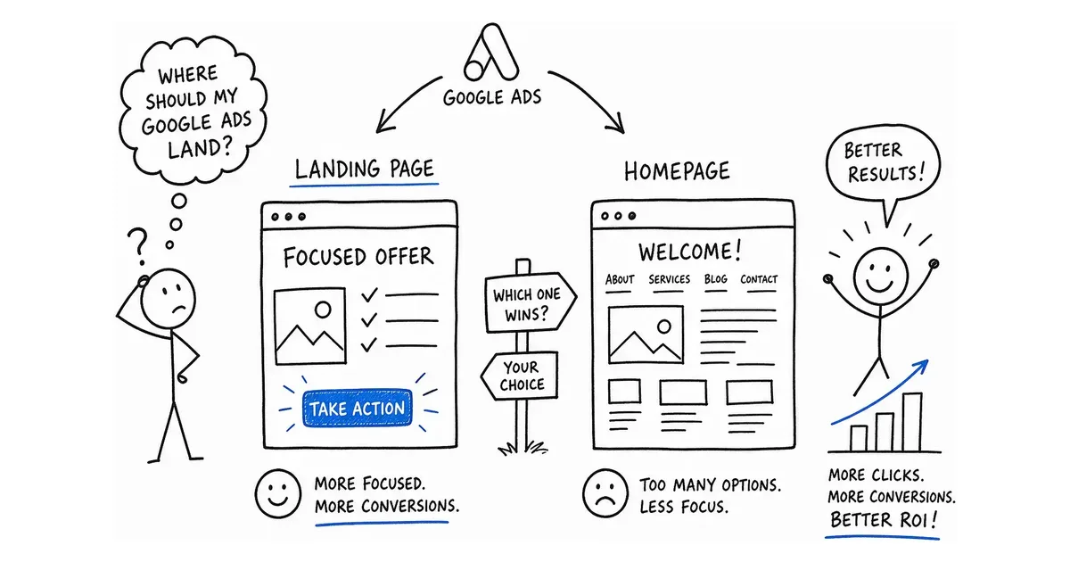 Landing page versus homepage comparison for Google Ads traffic