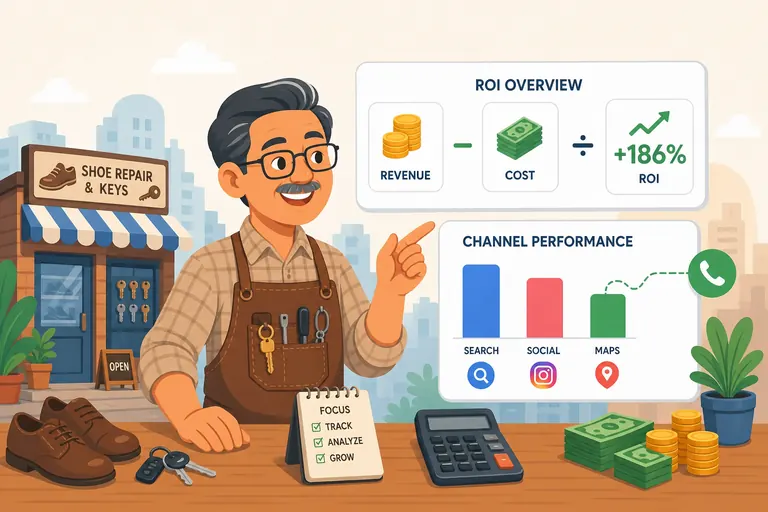 Flat vector illustration of a shoe repair shop owner reviewing an ROI overview card and a channel performance chart with a calculator on the counter