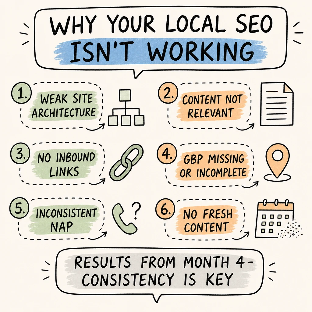 Infographic listing six reasons local SEO isn't working: weak site architecture, irrelevant content, no inbound links, missing Google Business Profile, inconsistent NAP and no fresh content