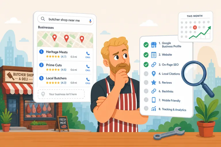 Local business owner reviewing a Google local pack where his shop is missing, next to an eight-point local SEO checklist