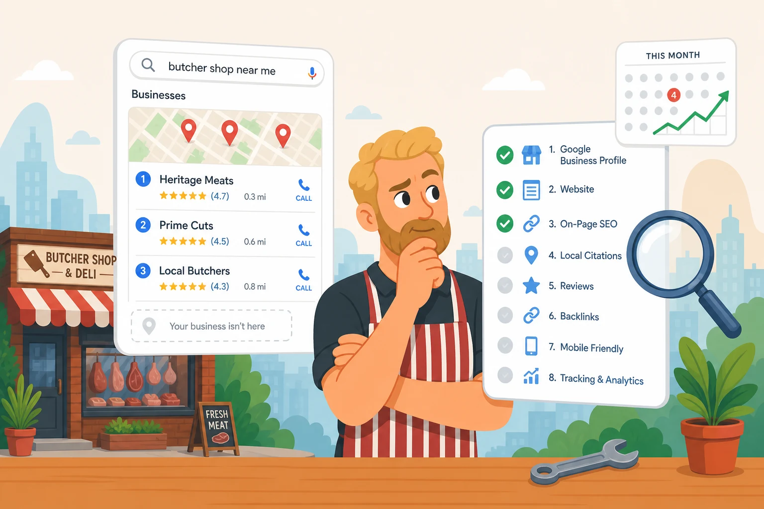 Local business owner reviewing a Google local pack where his shop is missing, next to an eight-point local SEO checklist