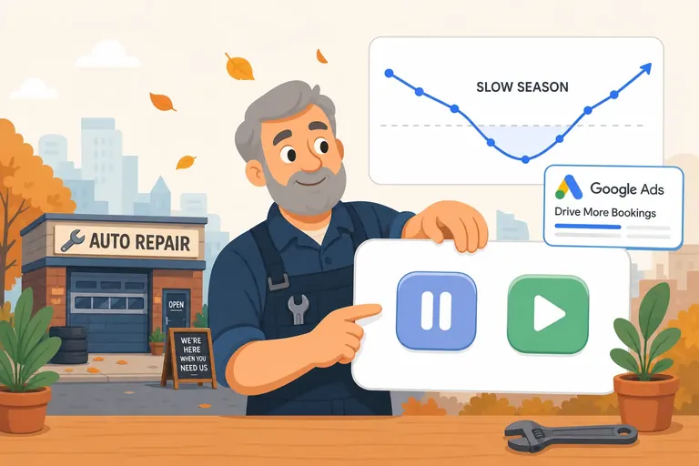 Business owner choosing between pause and play buttons for a Google Ads campaign during a slow season