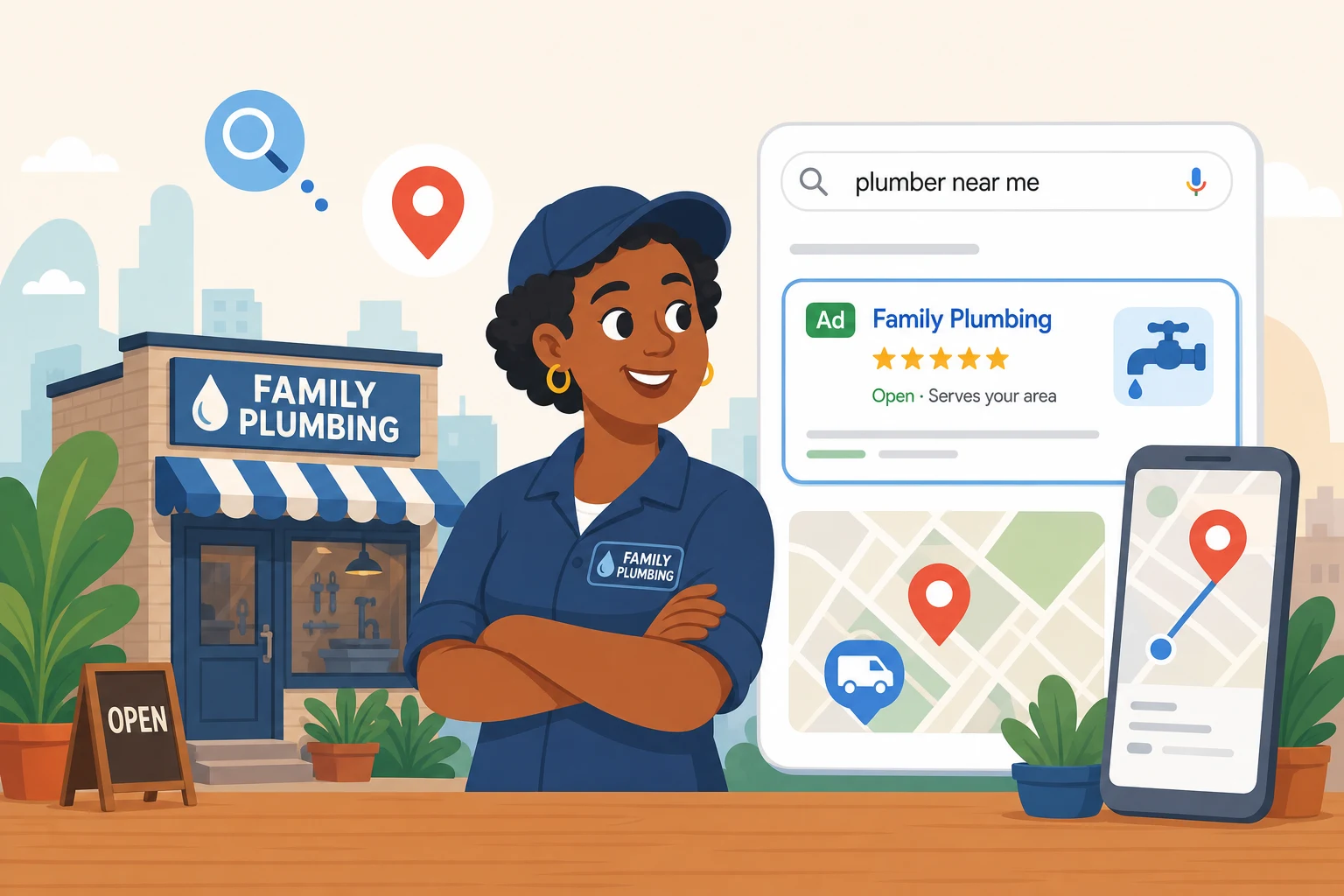 Local business owner beside a Google search result for a nearby service with map pin and five-star rating