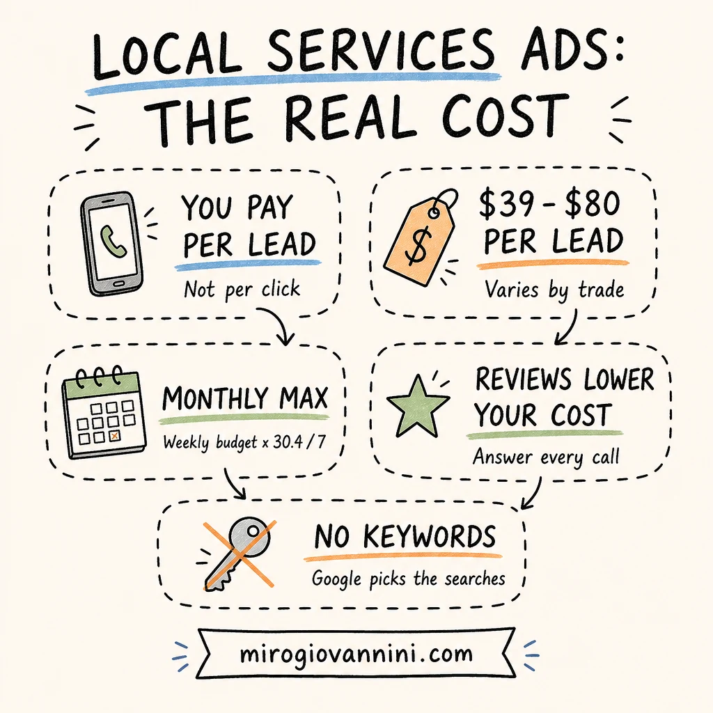 Infographic explaining what Google Local Services Ads cost: pay per lead, $39-$80 per lead, monthly max formula, reviews lower your cost, and no keyword control