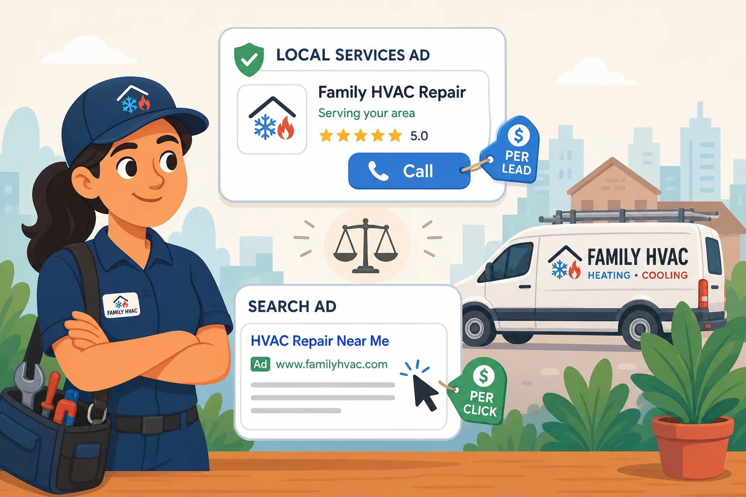 HVAC technician comparing a Local Services Ad billed per lead with a Google Search ad billed per click