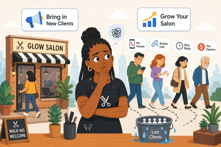 Customers walking away from a local storefront while the owner looks on, illustrating lost customers